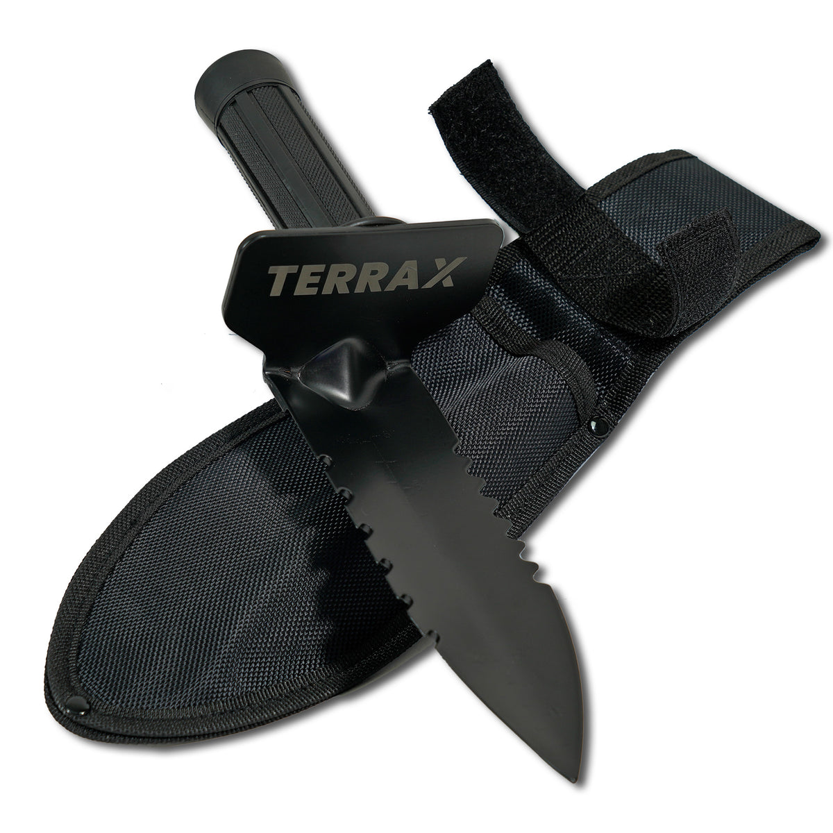 TerraX double serrated hand digger with black belt sheath