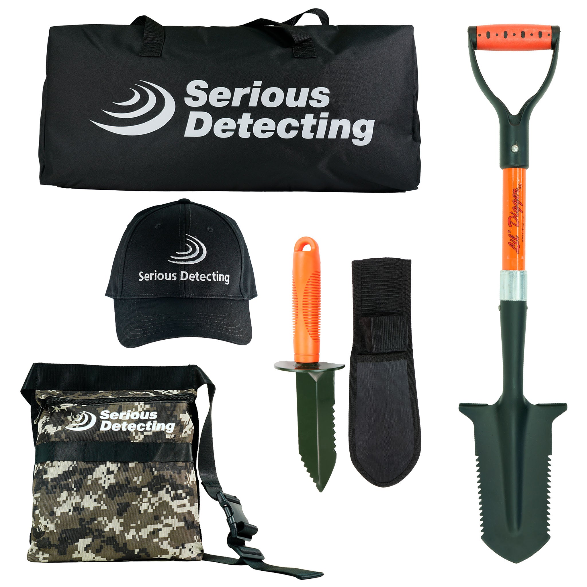 Serious Detecting Kit:  Pouch, Carry bag, Cap, Digger & Shovel for Treasure Hunting