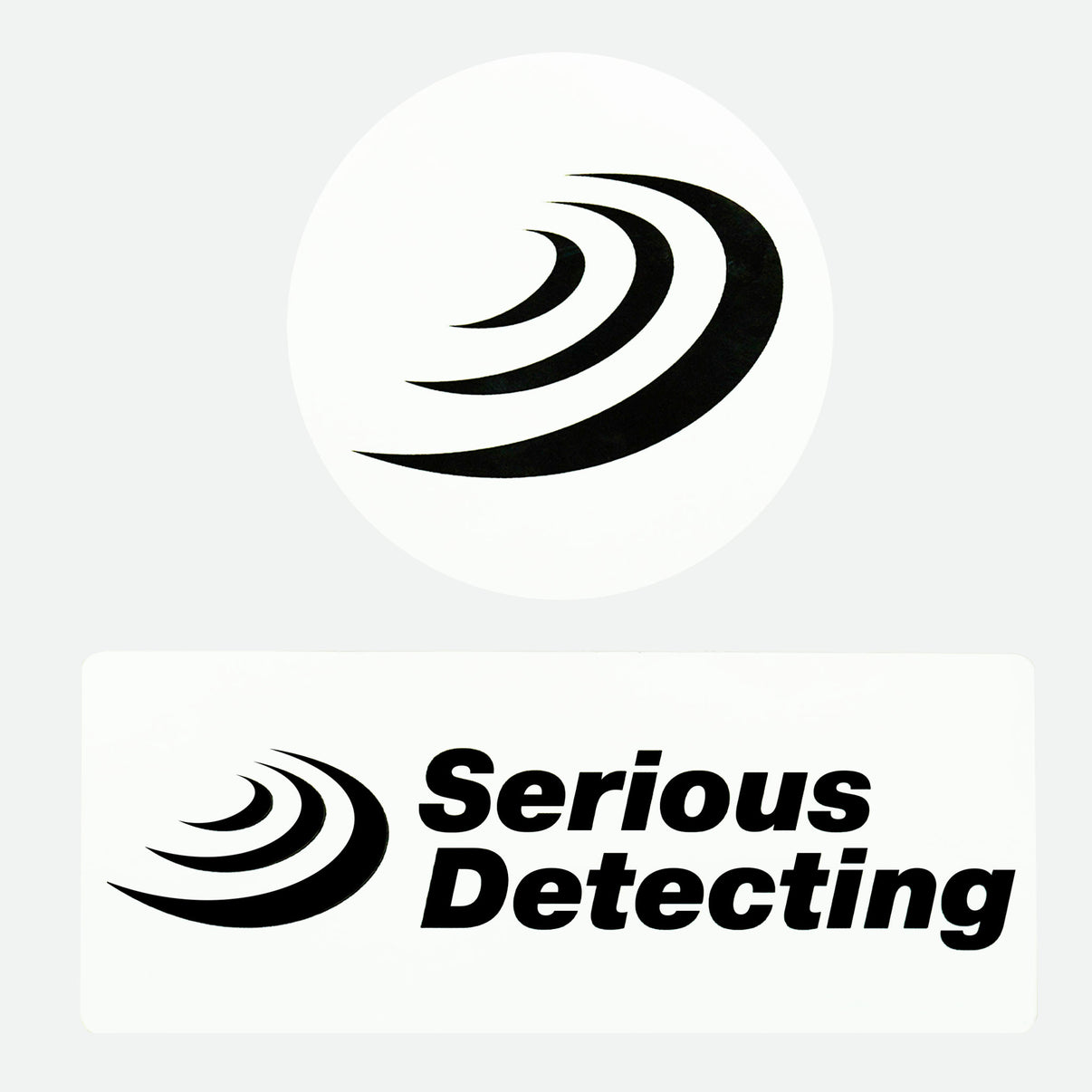 The serious detecting logo on a rounded sticker and rectangular sticker