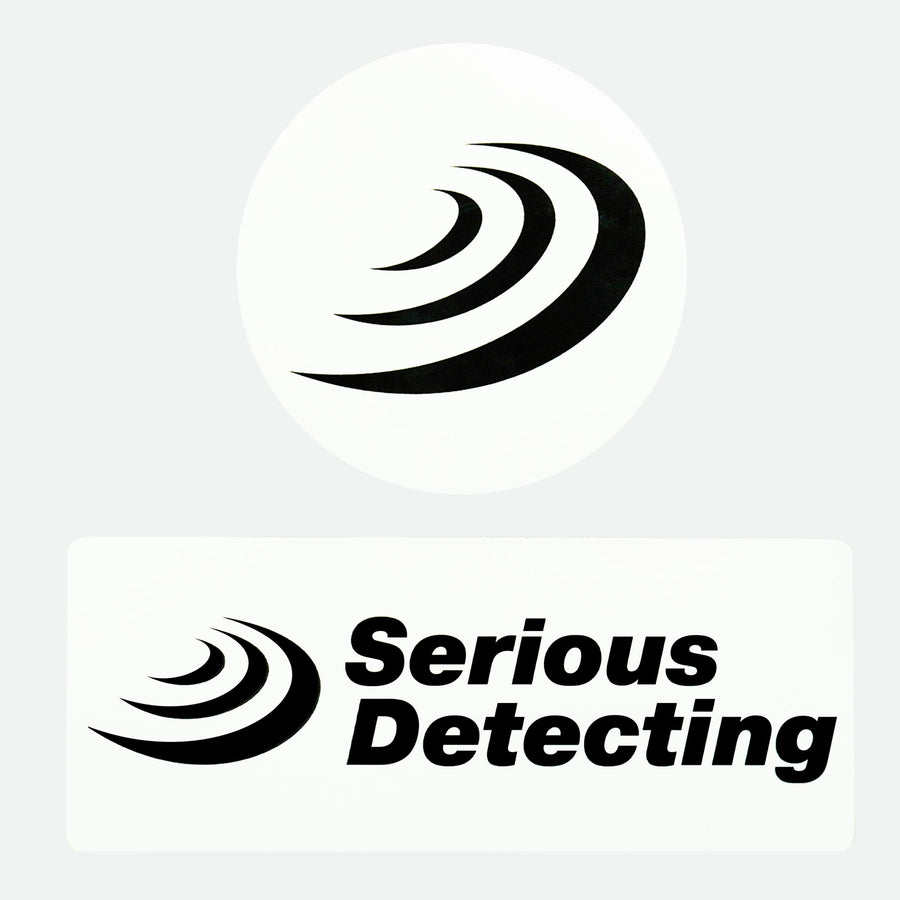 The serious detecting logo on a rounded sticker and rectangular sticker