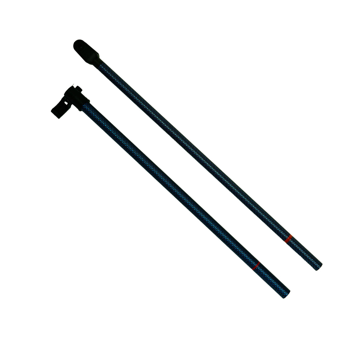 Steve's Detector Rods blue carbon fiber Manticore shaft displaying injection-molded clevis end