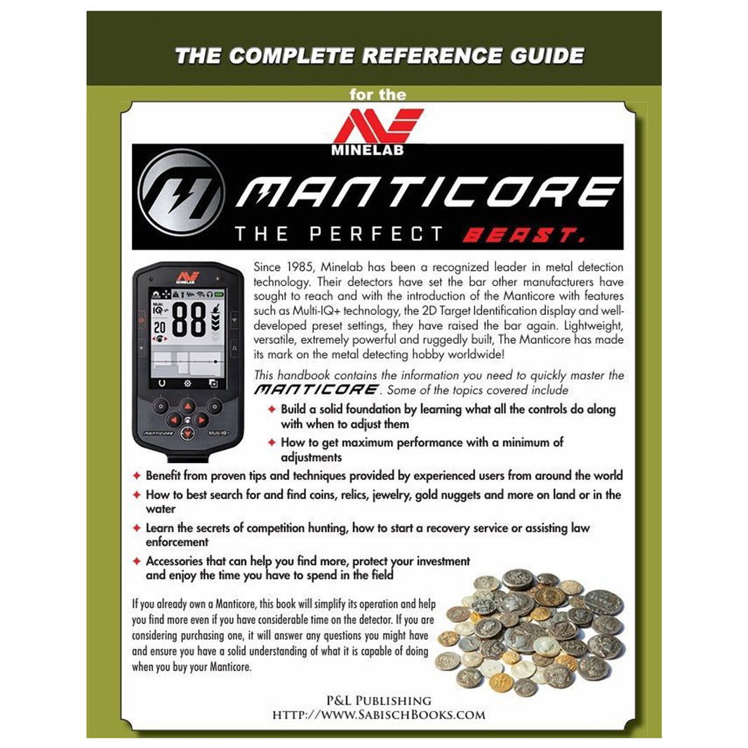 Back cover of The Minelab Manticore Handbook by Andy Sabisch, featuring promotional copy, a product shot of the Manticore and an image of antique coins