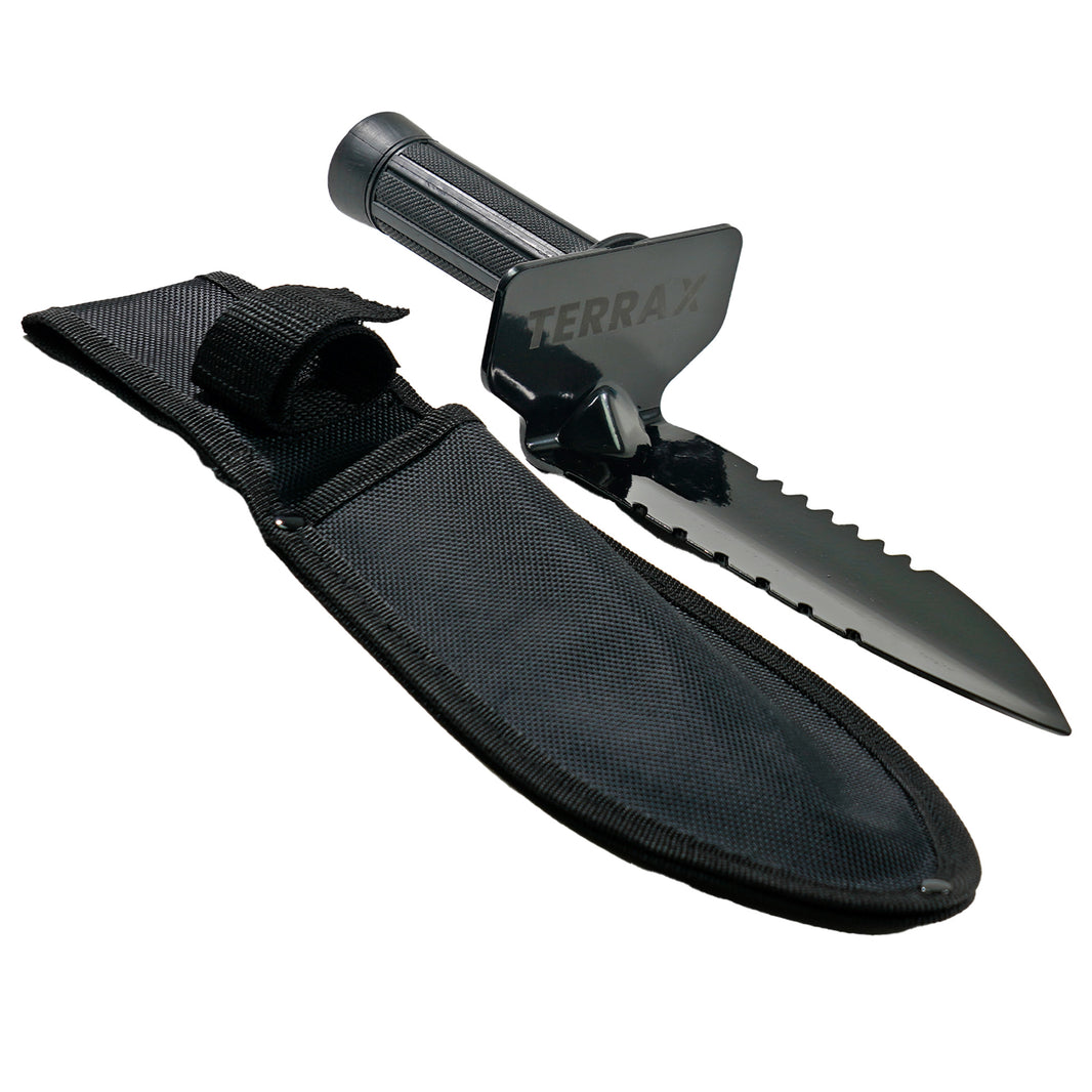 Close-up of TerraX hand digger with double-serrated edges and textured rubber handle