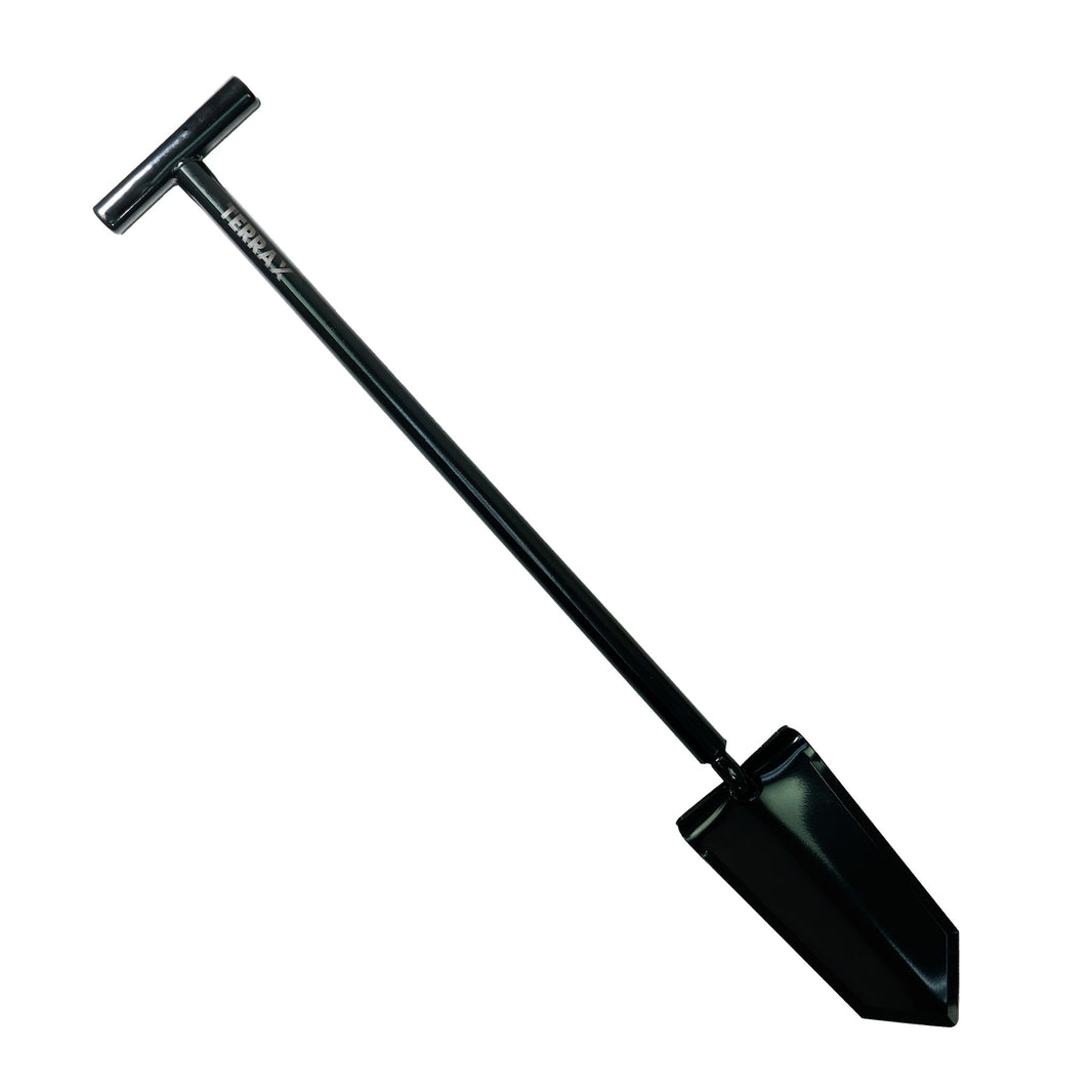 Close-up view of TerraX Master Digger V-cut blade edge and steel construction