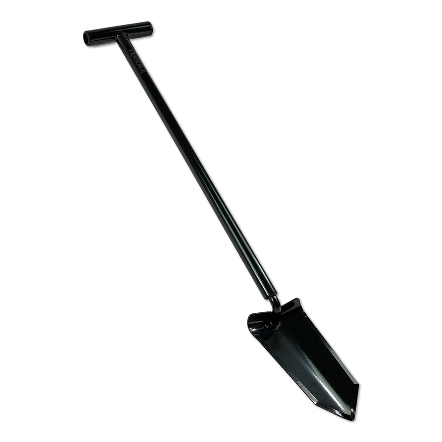 TerraX shovel blade edge demonstrating cutting performance on roots and sod