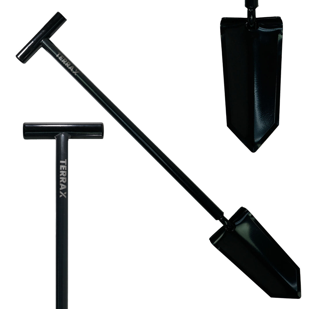 Black Terra X hand shovel with a long handle and T-shaped grip, shown in multiple angles on a white background.