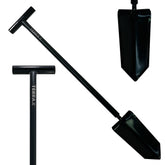Black Terra X hand shovel with a long handle and T-shaped grip, shown in multiple angles on a white background.