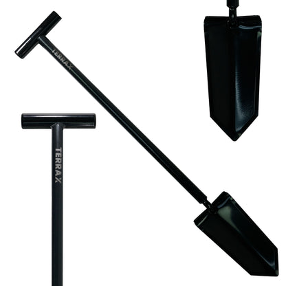 Black Terra X hand shovel with a long handle and T-shaped grip, shown in multiple angles on a white background.