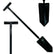 Black Terra X hand shovel with a long handle and T-shaped grip, shown in multiple angles on a white background.