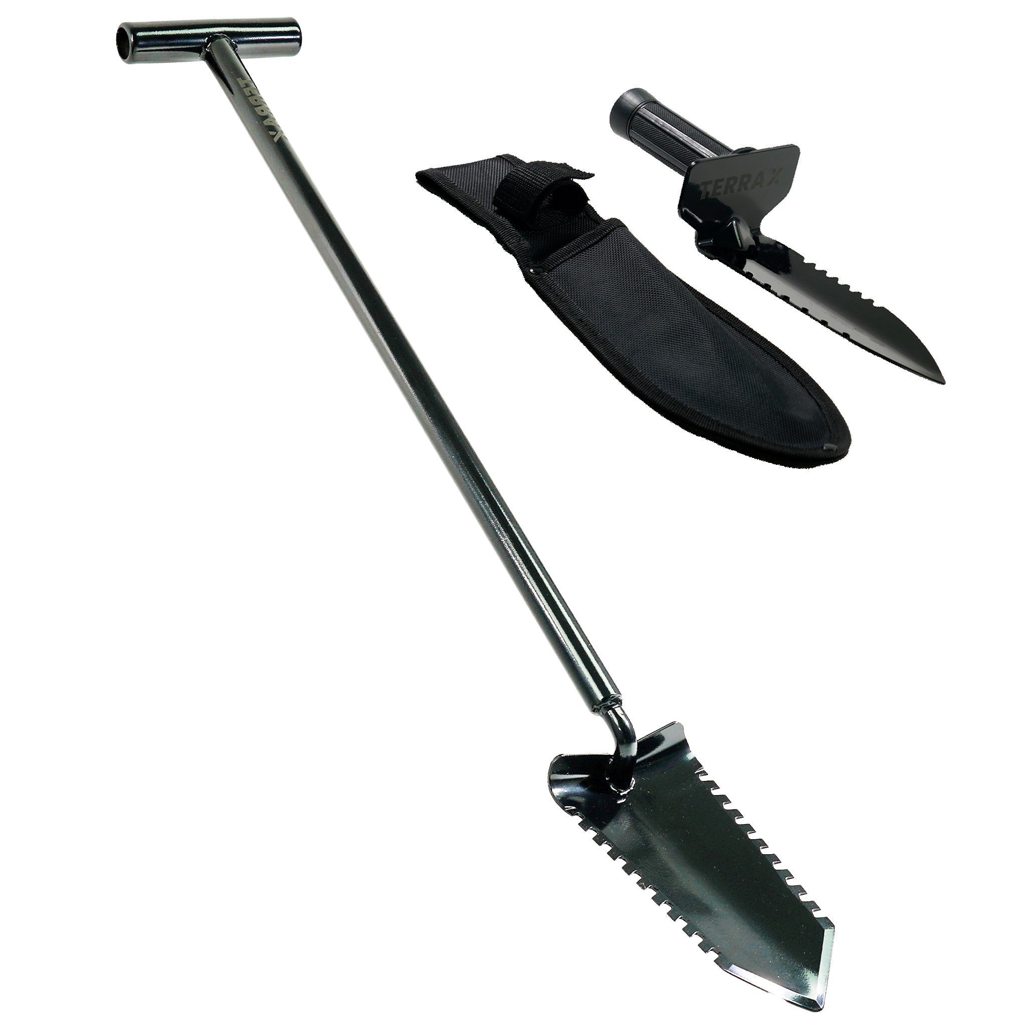 TerraX Master Digger - 36" or 34" Double Serrated Shovel with T-Handle and Double Serrated Hand Digger with Belt Sheath