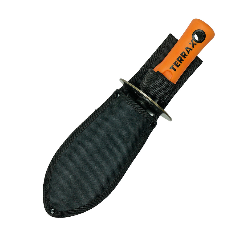 TerraX Heavy-Duty Hand Digger with Belt Sheath – Orange rubber handle in black sheath