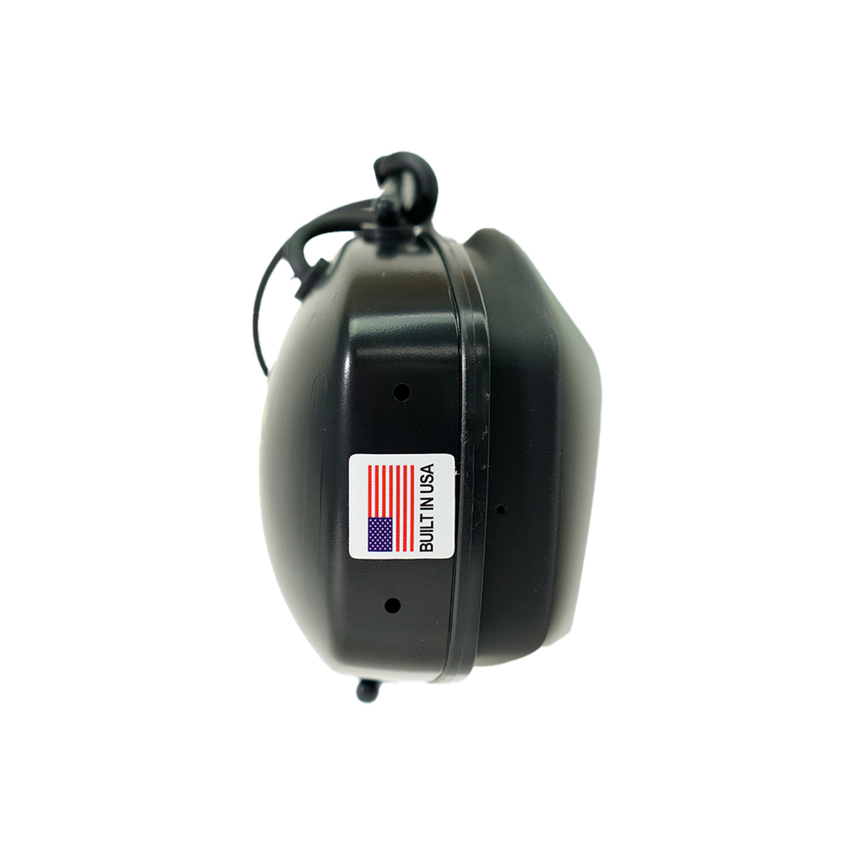 bottom view of headphones with sticker of the America flag and text "BUILT IN USA" on white background