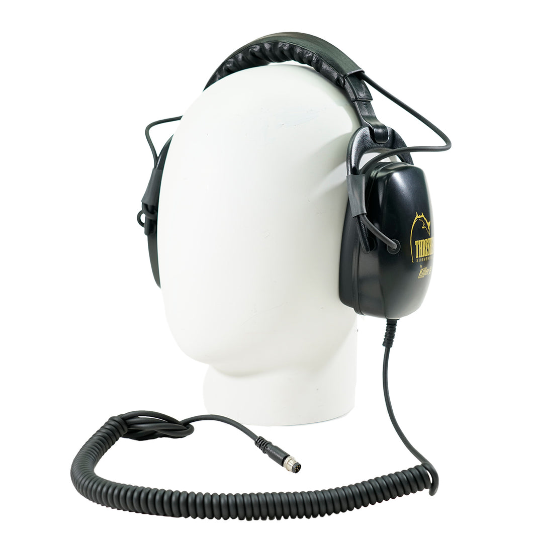 Black Killer B Thresher headphones with coiled cord on a mannequin head with white background