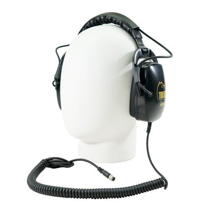 Black Killer B Thresher headphones with coiled cord on a mannequin head with white background
