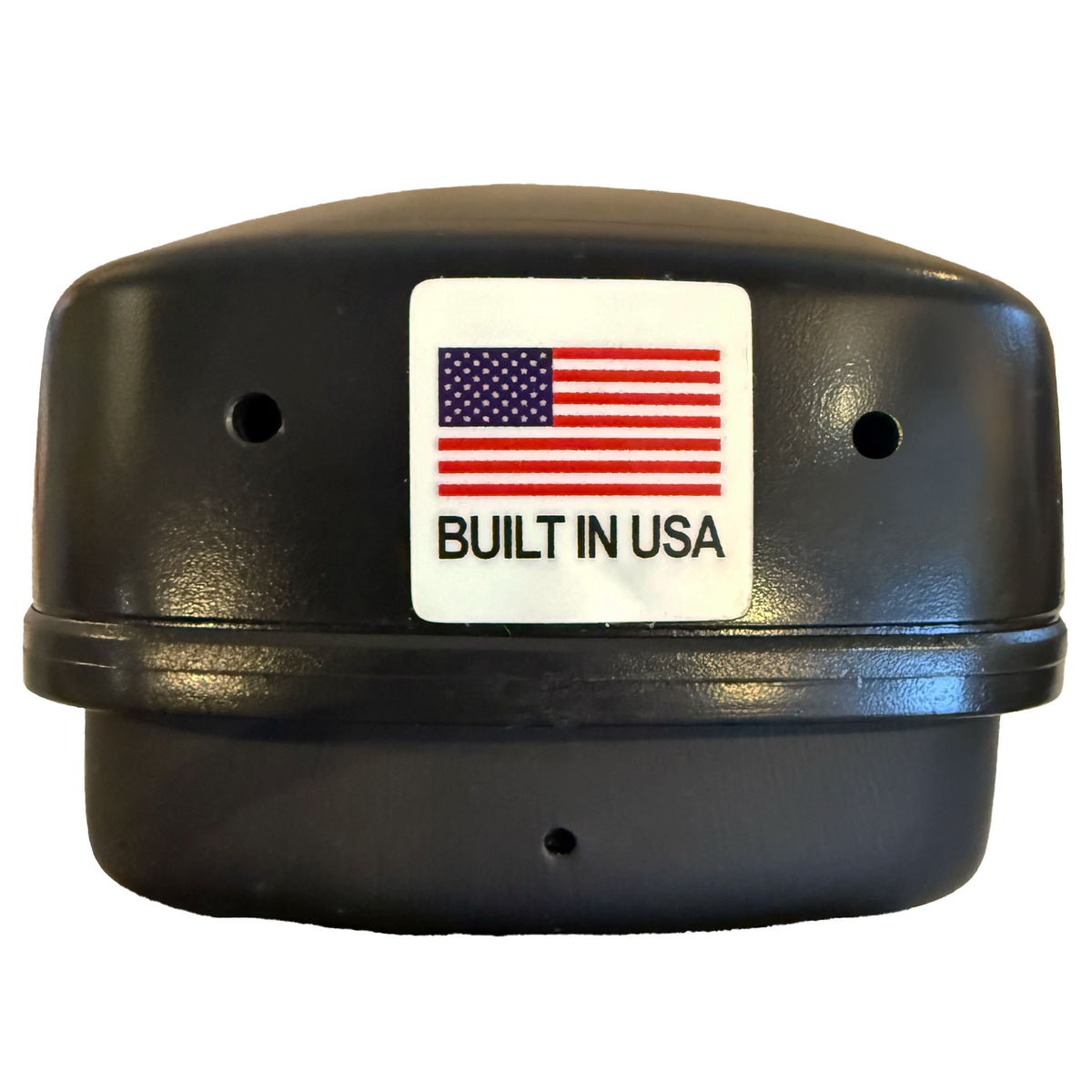 A black headphones bottom with a white sticker on the front featuring the American flag and the text 'BUILT IN USA'