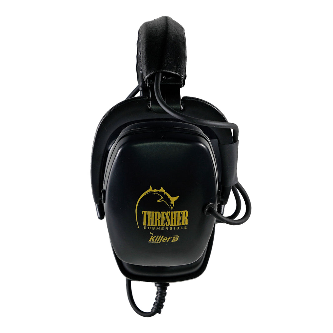 Black over-ear hearing headphones with a yellow Thresher Submersible by Killer B  logo on the front, shown against a plain white background.