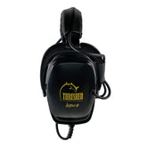 Black over-ear hearing headphones with a yellow Thresher Submersible by Killer B  logo on the front, shown against a plain white background.