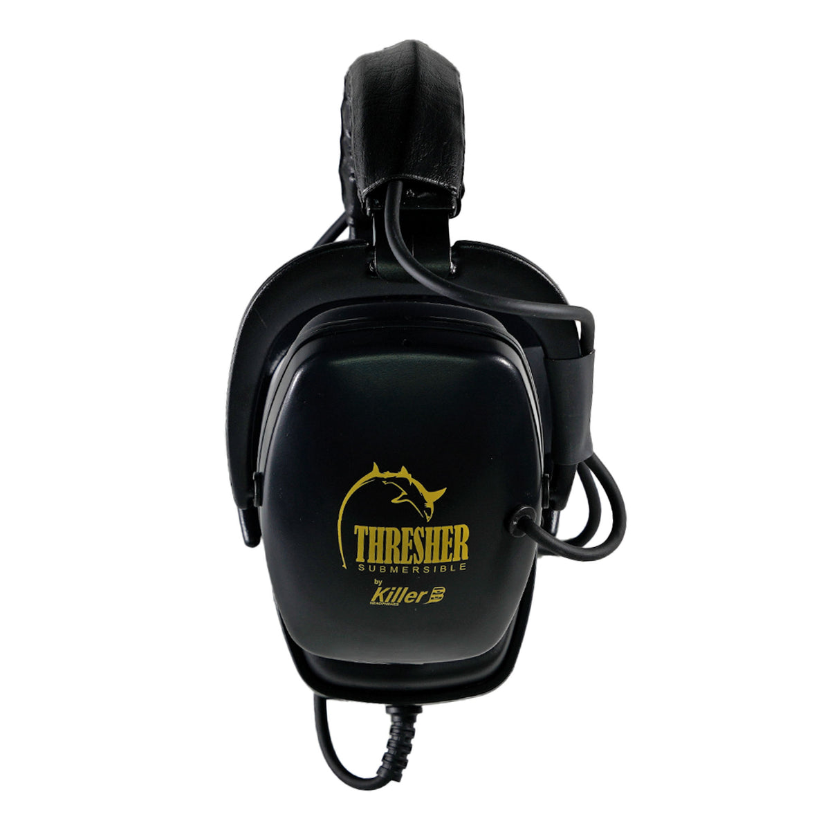 Black over-ear hearing headphones with a yellow Thresher Submersible by Killer B  logo on the front, shown against a plain white background.