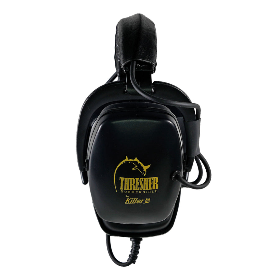 Black over-ear hearing headphones with a yellow Thresher Submersible by Killer B  logo on the front, shown against a plain white background.