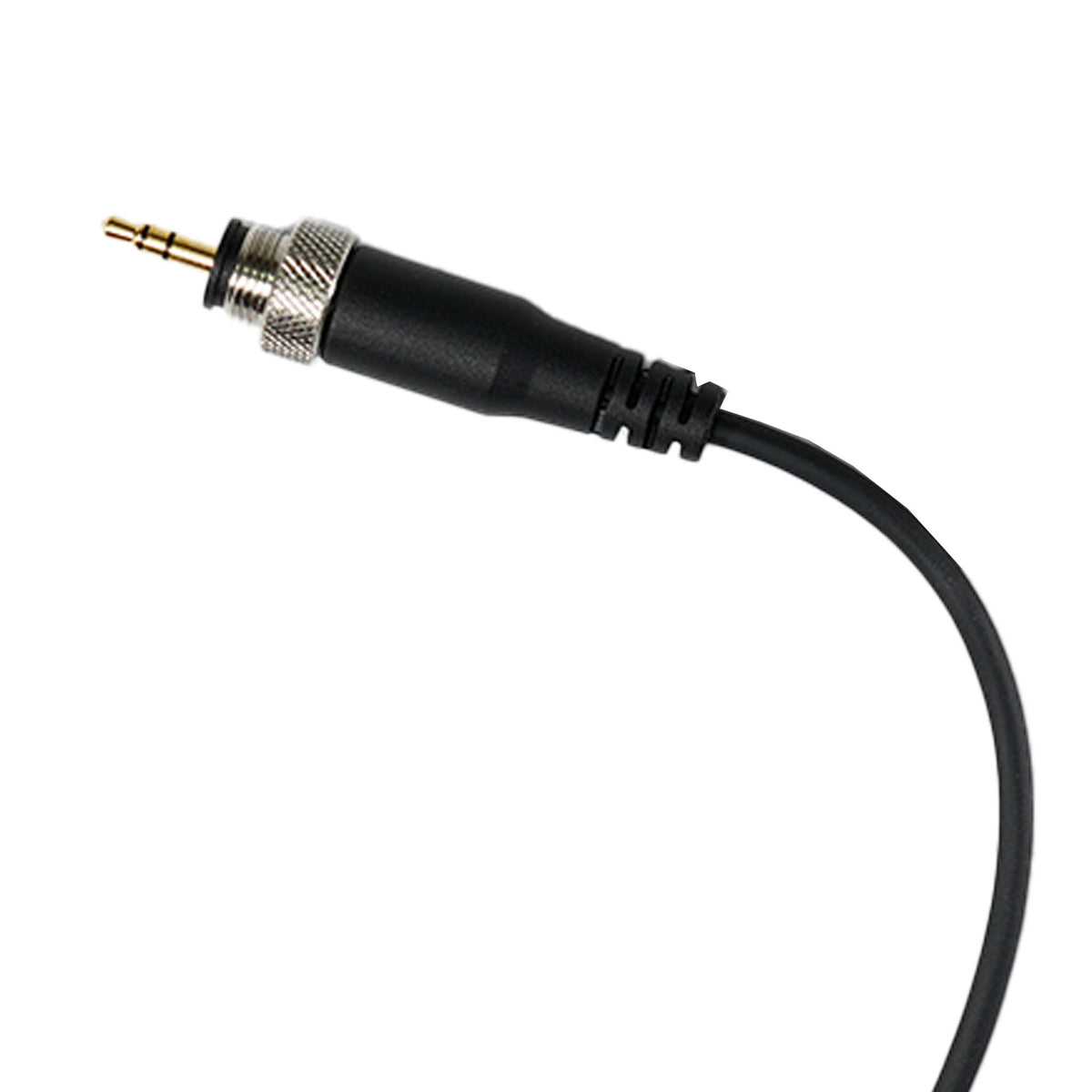 Black audio cable with 3.5mm plug on a white background.
