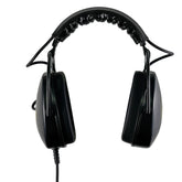 Black wired over-ear headphones with padded headband and ear cups, shown from the front on a plain white background.