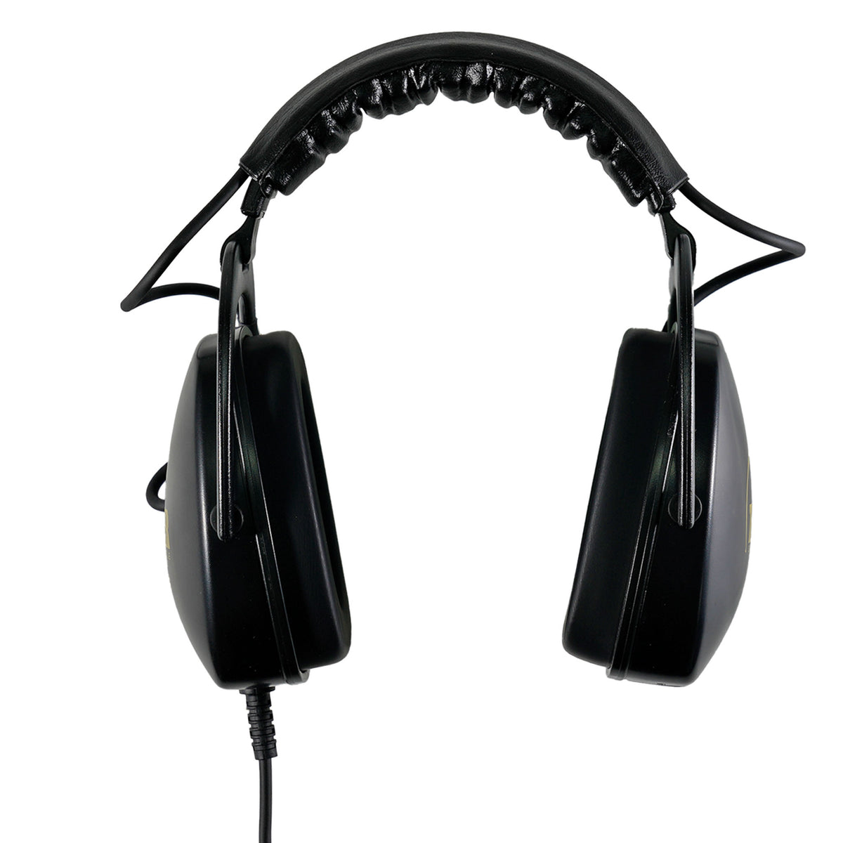Black wired over-ear headphones with padded headband and ear cups, shown from the front on a plain white background.