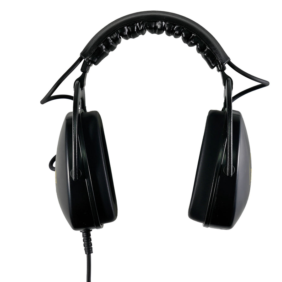 Black wired over-ear headphones with padded headband and ear cups, shown from the front on a plain white background.