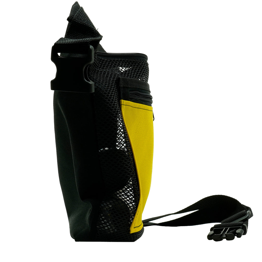 A black and yellow finds pouch with a black mesh body, black plastic buckle, and a detachable black strap, shown against a plain white background.