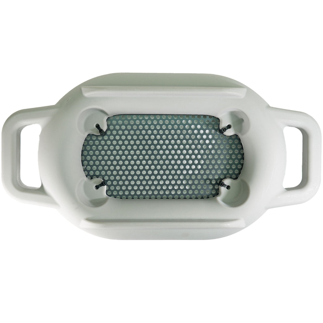 Tube Tubb floating sieve floating in water, showing mesh screen and white grab handles