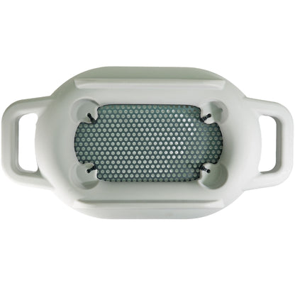 Tube Tubb floating sieve floating in water, showing mesh screen and white grab handles