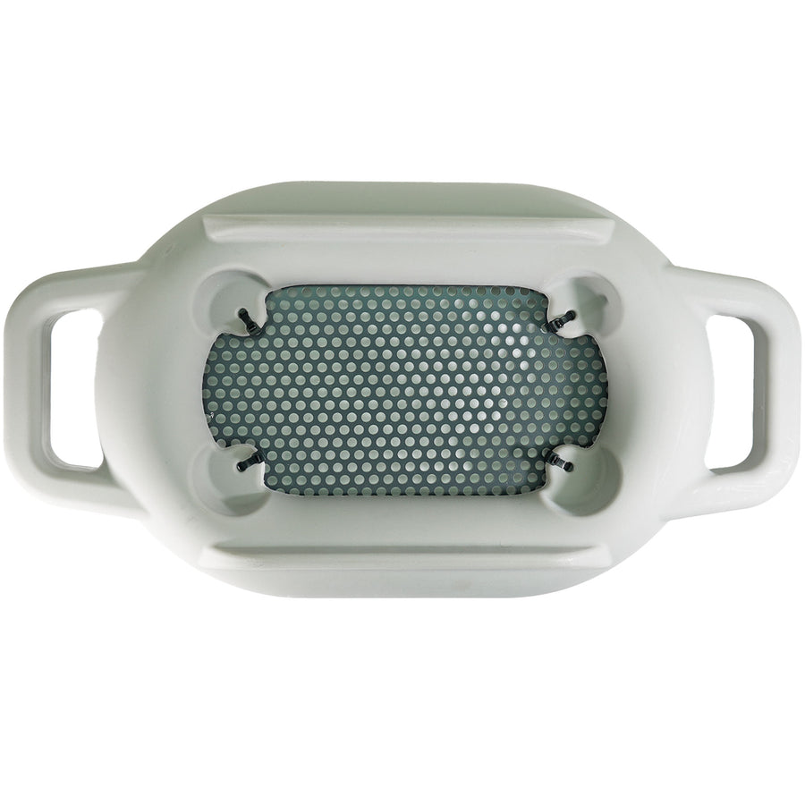 Tube Tubb floating sieve floating in water, showing mesh screen and white grab handles