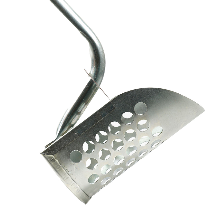 Side profile of the Dune Scoops long handle sand scoop showing the bend in the galvanized handle