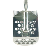 Side angle view of Dune Scoops sand scoop showing basket depth and handle angle