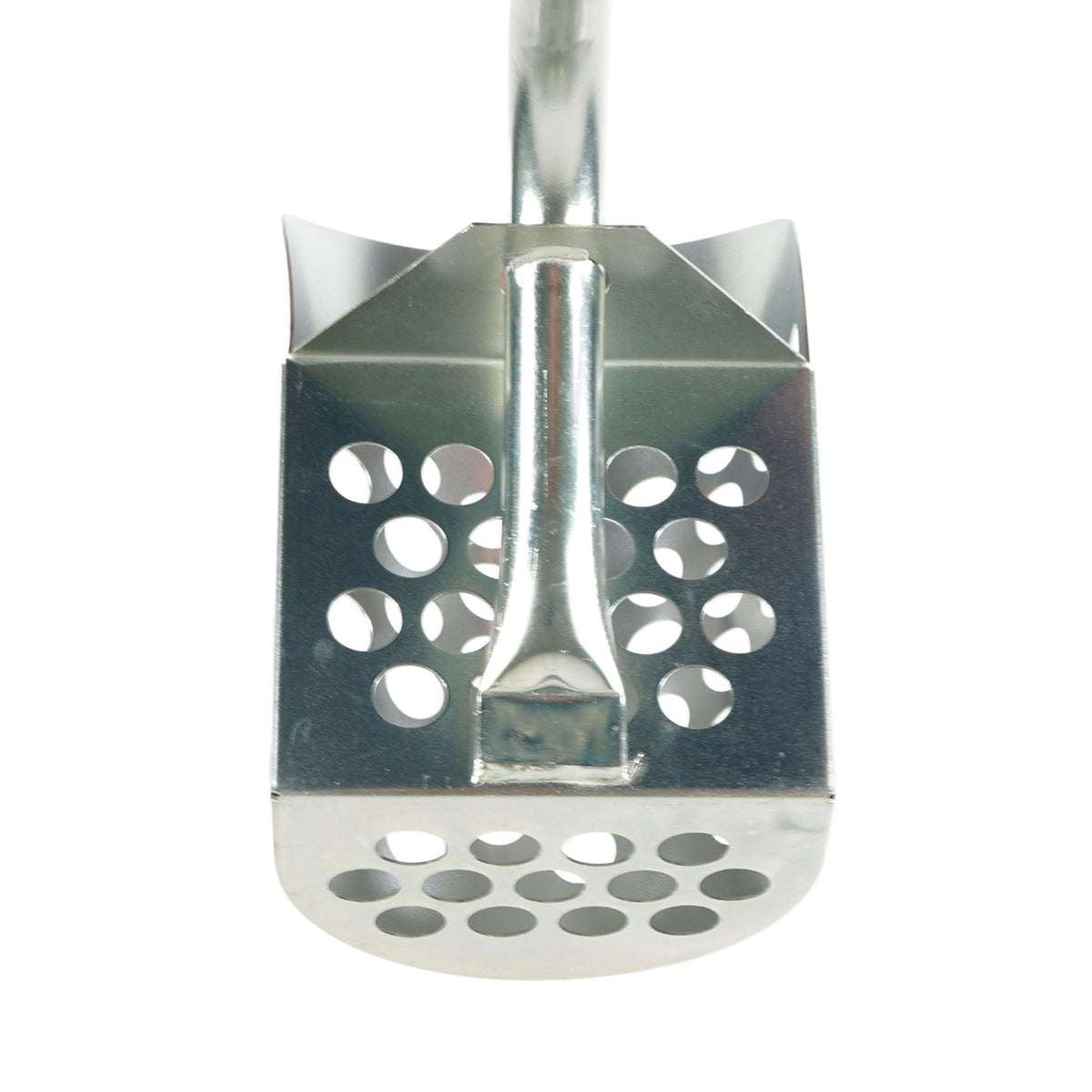 Front view of the Dune Scoops long handle sand scoop bucket looking down the galvanized handle