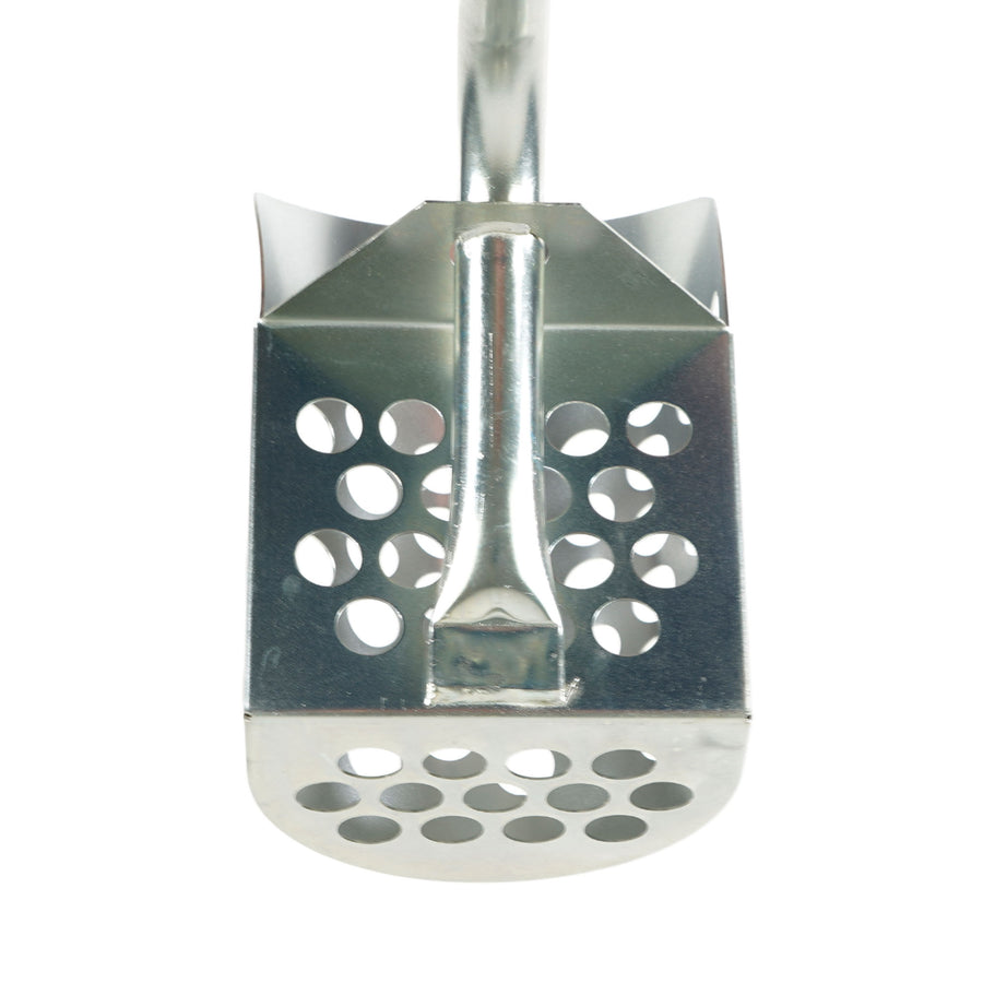 Front view of the Dune Scoops long handle sand scoop bucket looking down the galvanized handle