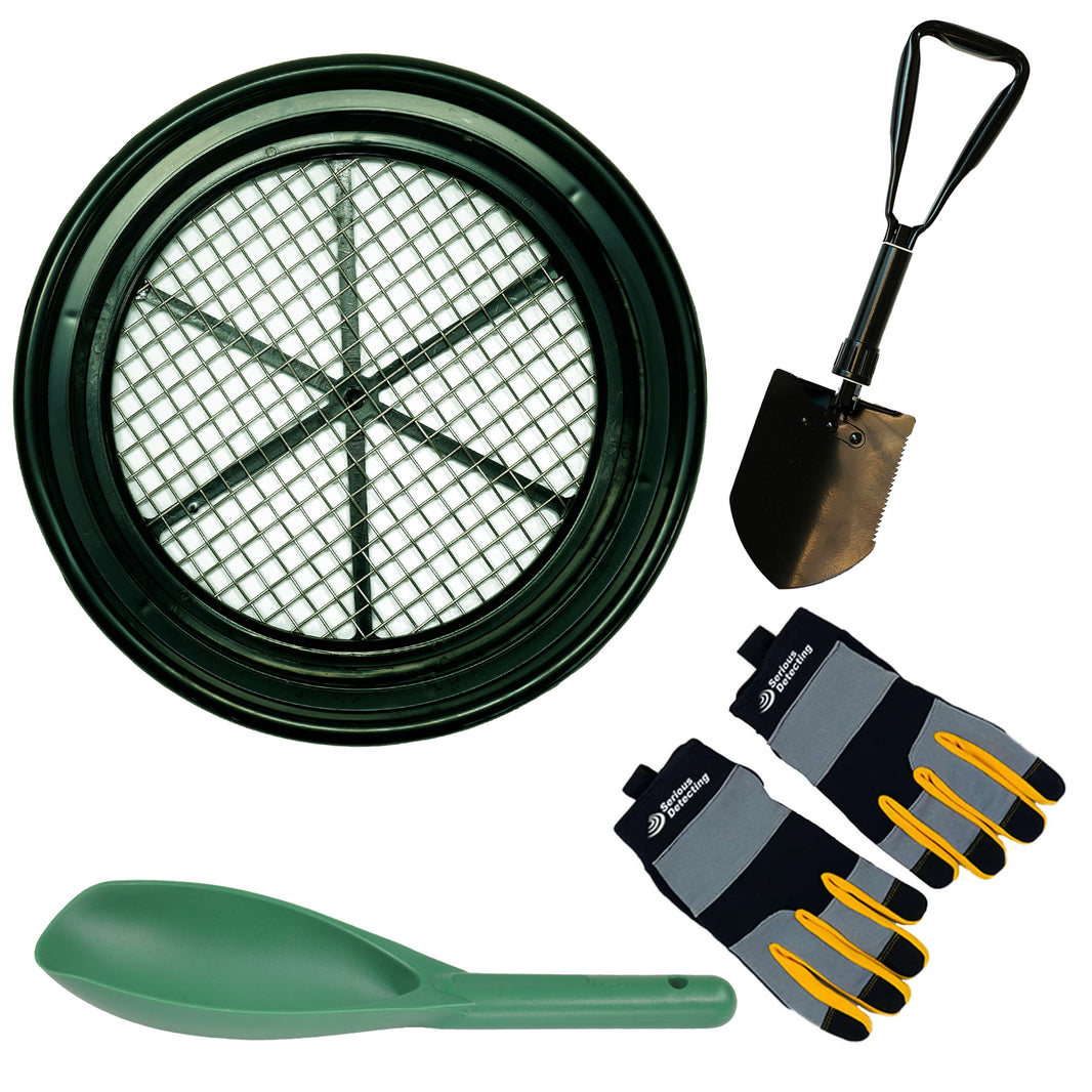 TerraX Field Prospecting Set – Heavy-Duty Classifier, Premium Tri-Fold Serrated Shovel, Green Prospecting Scoop, and Serious Detecting Gloves
