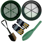 TerraX Field Prospecting Set – 2 Heavy-Duty Classifier, Premium Tri-Fold Serrated Shovel, Green Prospecting Scoop, and Serious Detecting Gloves