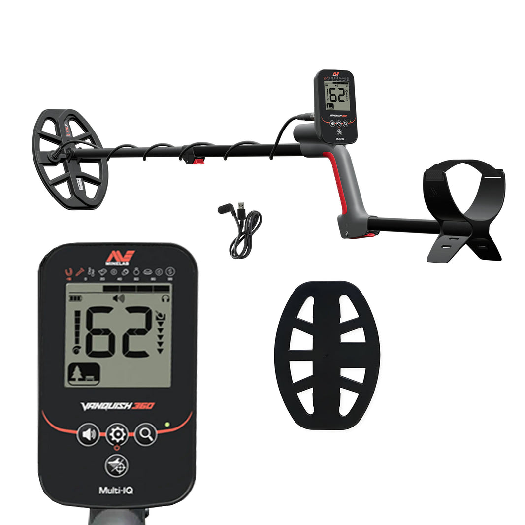The VANQUISH 360 metal detector shown fully assembled along with insets of the control pod screen, charging cable and search coil