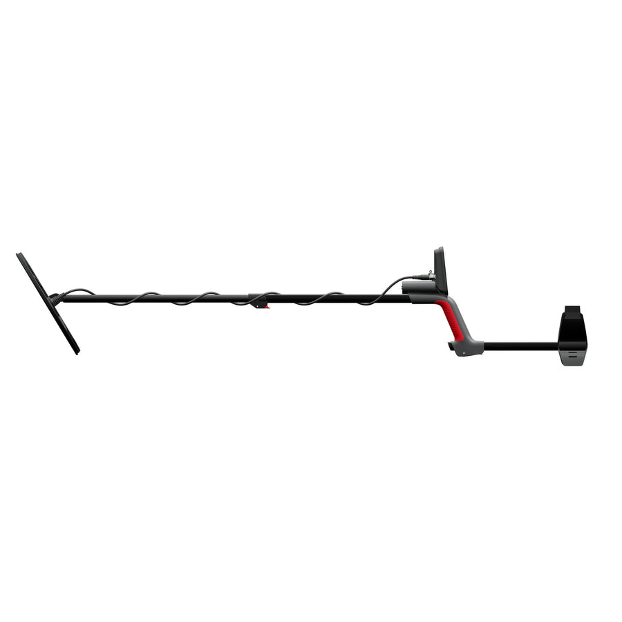 Minelab VANQUISH 560 fully assembled and extended showing complete detector with V12 coil attached