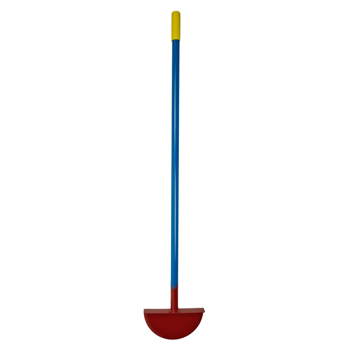 King of Spades half moon edger upright, showing the yellow grip, blue steel shaft and red half-moon blade