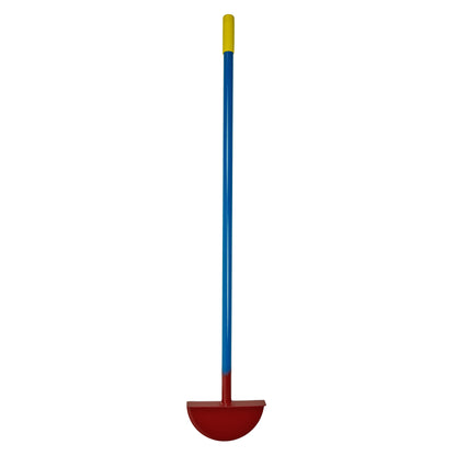 King of Spades half moon edger upright, showing the yellow grip, blue steel shaft and red half-moon blade