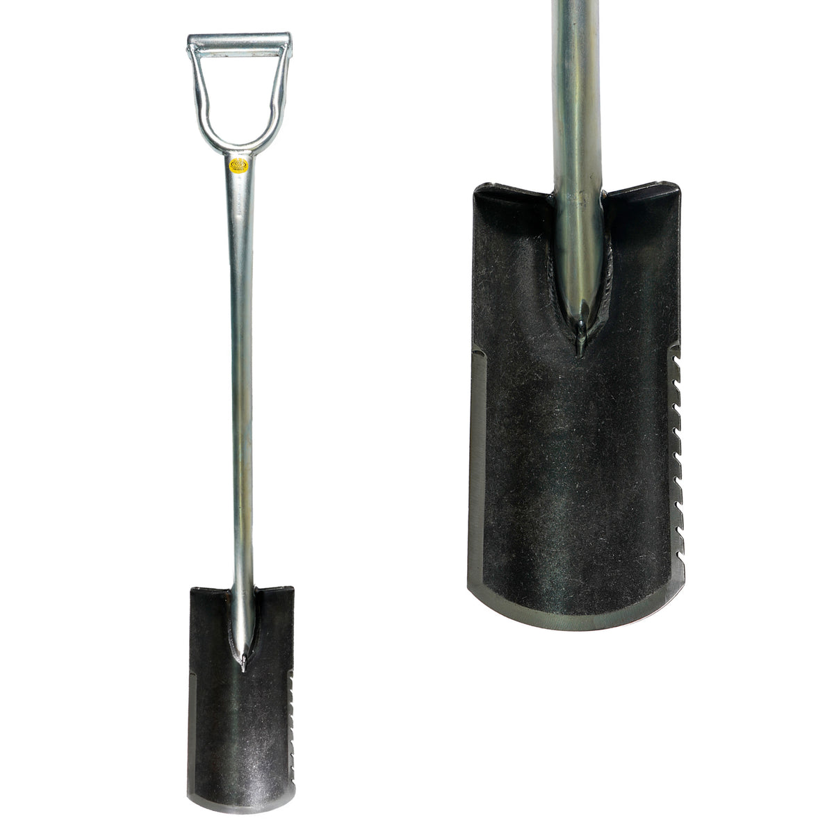 Lesche King of Spades Ground Shark Model 38 shovel with D-handle and serrated blade edge for cutting roots