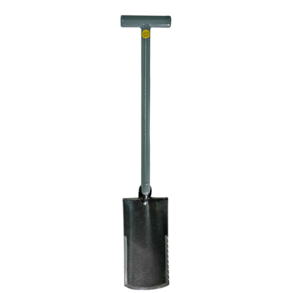 Lesche Ground Shark Relic Hunter shovel with serrated edge, T-handle, and heat-treated aircraft-quality steel blade
