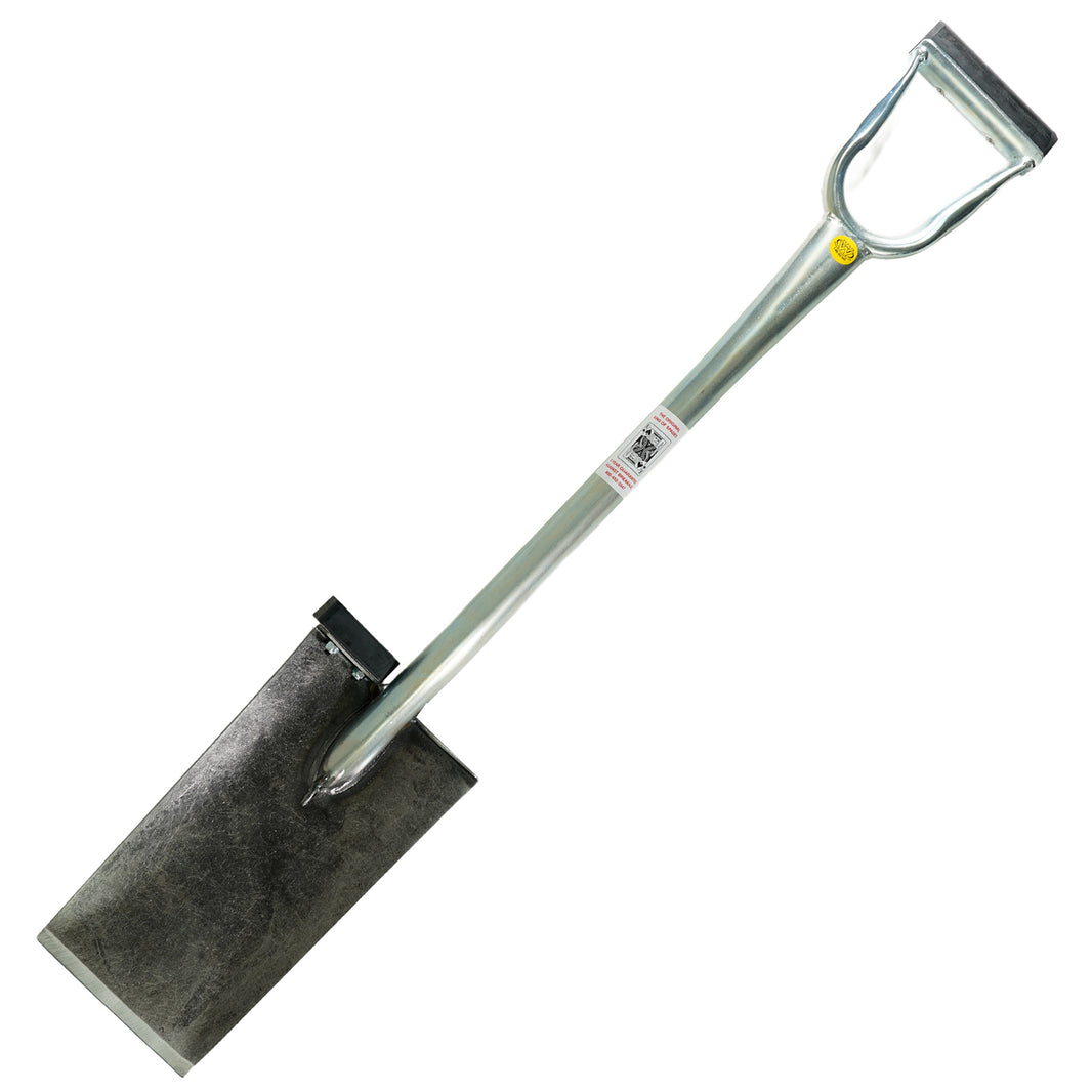 King of Spades 40-inch shovel with 13-inch welded edge, rubber foot pad, and shock-absorbing D-handle for heavy-duty excavation.