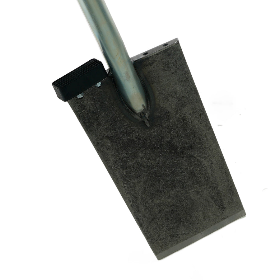 Close up of the blade and rubber foot pad of the King of Spades 40-inch shovel.