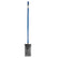 A garden spade with a textured gray metal blade and a long blue handle, shown vertically against a plain white background.