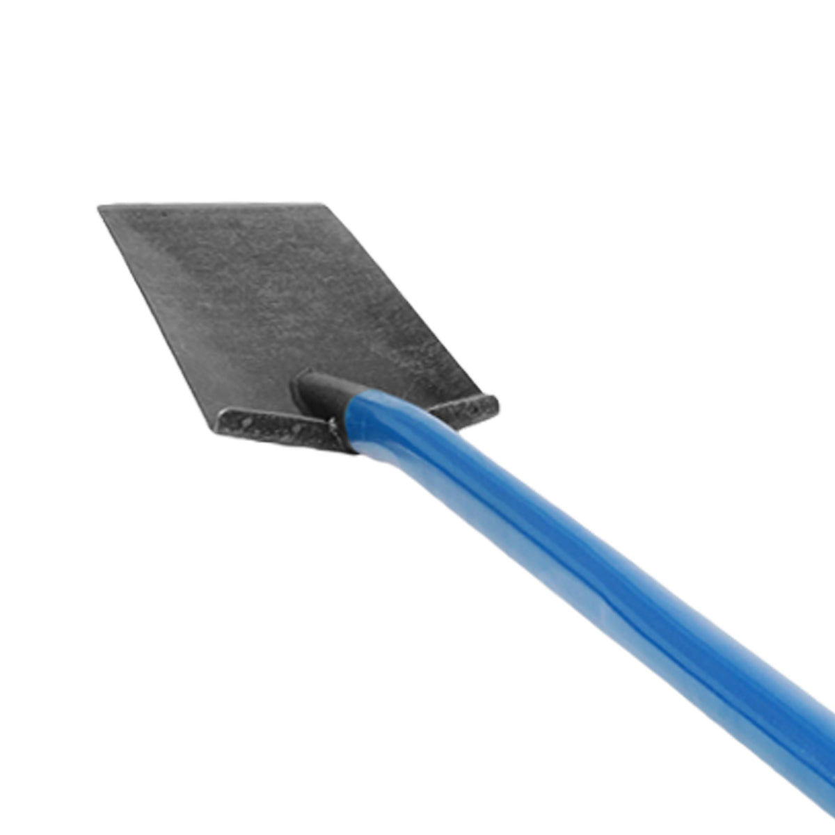 A close-up of a shovel or spade head with a dark gray metal blade and a bright blue handle, isolated on a white background.