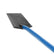A close-up of a shovel or spade head with a dark gray metal blade and a bright blue handle, isolated on a white background.
