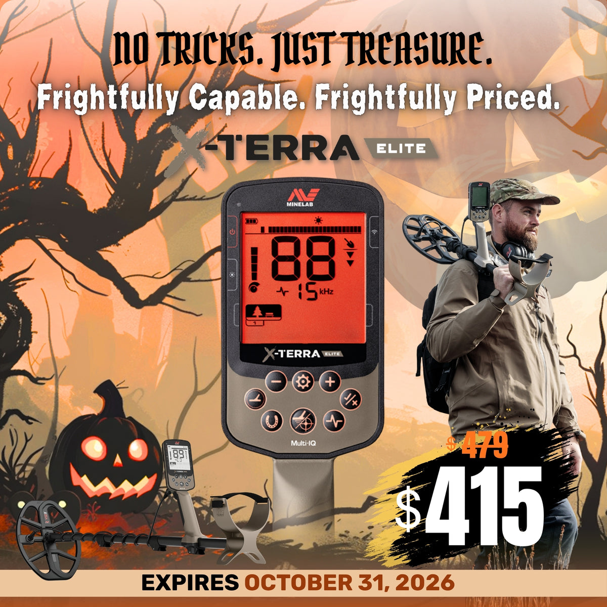 X-Terra Elite metal detector promo graphic featuring the device centered, a man holding a bow on the right, a jack-o'-lantern on the left, and Halloween-themed trees and sky in the background with sale text and pricing.