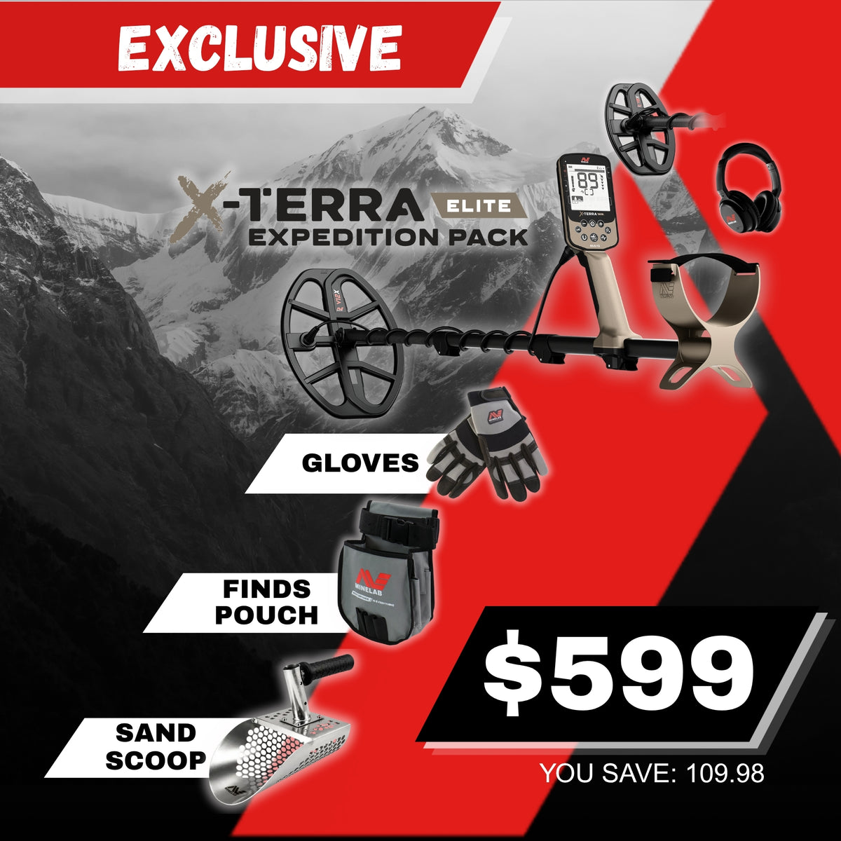 Promotional graphic for the X-Terra Elite Expedition Pack metal detector set, showing the detector, headphones, gloves, pouch, and sand scoop over a mountain background with red and black design elements and a $599 price callout.
